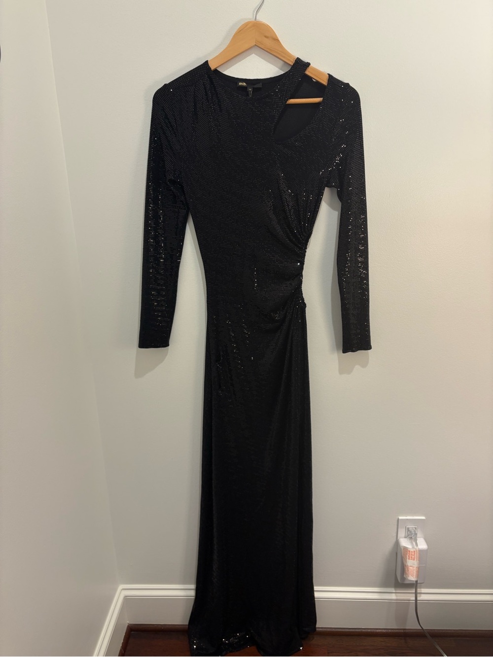 MAJE: Black Sequin Long Sleeve Evening Dress with Cutouts